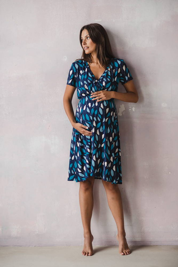 Two Ways MIDI Sukienka ciążowa i do karmienia krótki rękaw Milk&Love listki na granacie