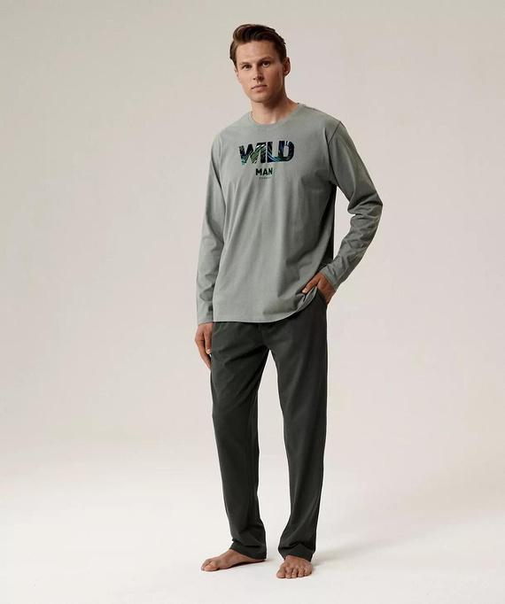 Pánské pyžamo NMP-392 Atlantic - zelená/khaki bavlna, dlouhý rukáv, stylový komplet pro chladné noci