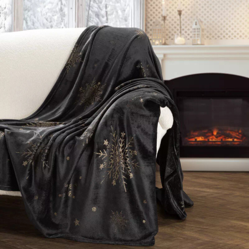 Eurofirany Vánoční přikrývka černá zlatá sněhové vločky - měkký přehoz z mikrovlákna, 240 g/m²