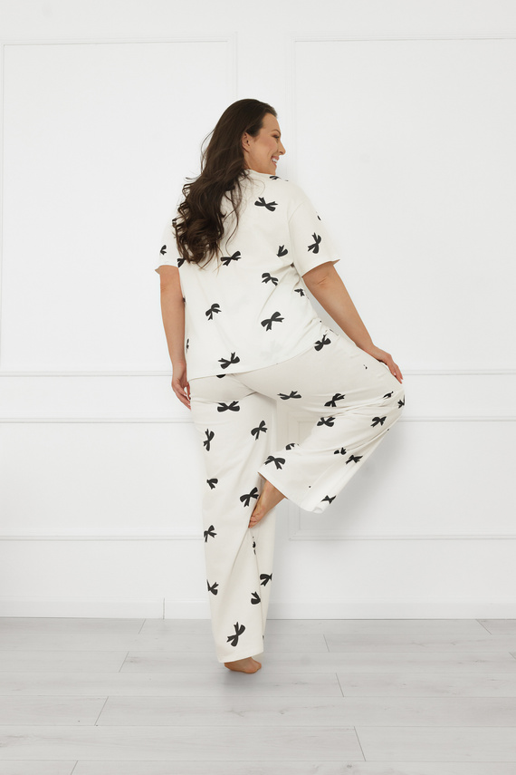 Dámské pyžamo Figaro - ecru, bavlna, krátký rukáv + dlouhé kalhoty Italian Fashion