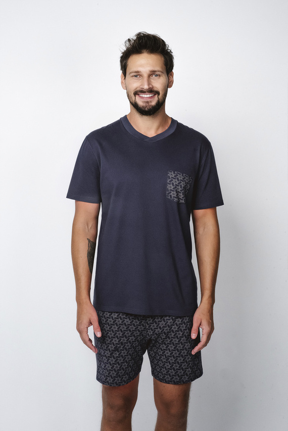 Diaz Pánské pyžamo s krátkým rukávem, šortky Italian Fashion - námořnická modř/potisk