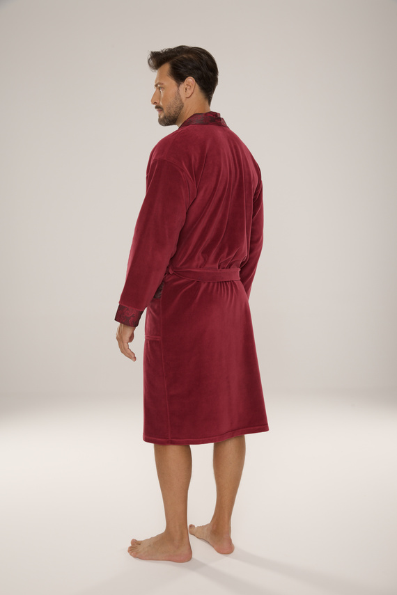 868 Noblesní pánský velurový župan De Lafense - elegantní, měkký, prémiový, vínový