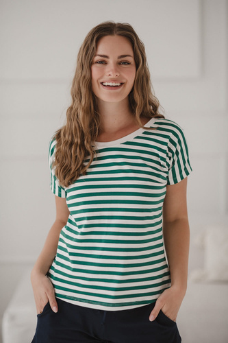 Těhotenská a kojící halenka na dva způsoby | Krátký rukáv, pohodlné zelené a bílé pruhy Milk&Love