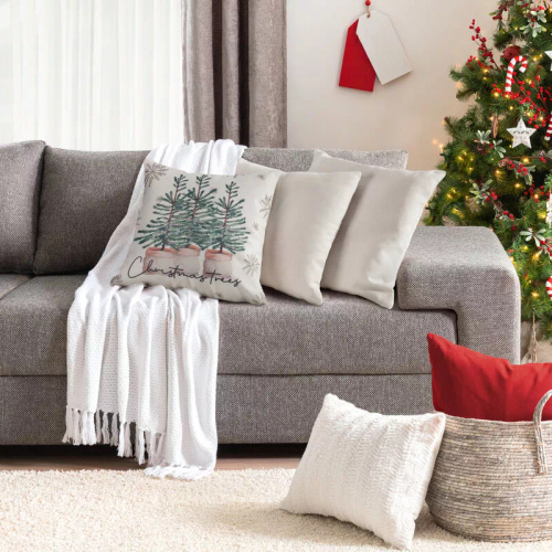 Chp 223 Eurofirany Vánoční povlak na polštář - krémový se zelenými vánočními stromky, dekorativní