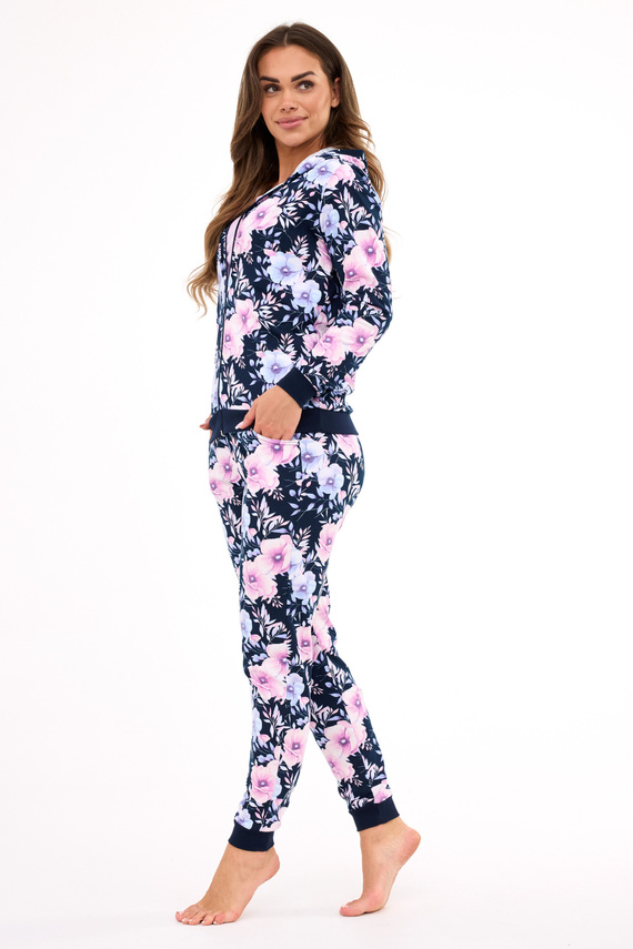 355/464 Dámské pyžamo Maddie Cornette - námořnicky modré, 3-dílné s halenkou s květinami a mikinou s kapucí