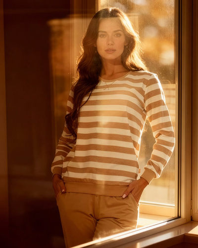 635/467 Dámské pyžamo Cornette Molly 2 | Bavlna, pruhovaná barva ecru - bez kalhot a s kapsami