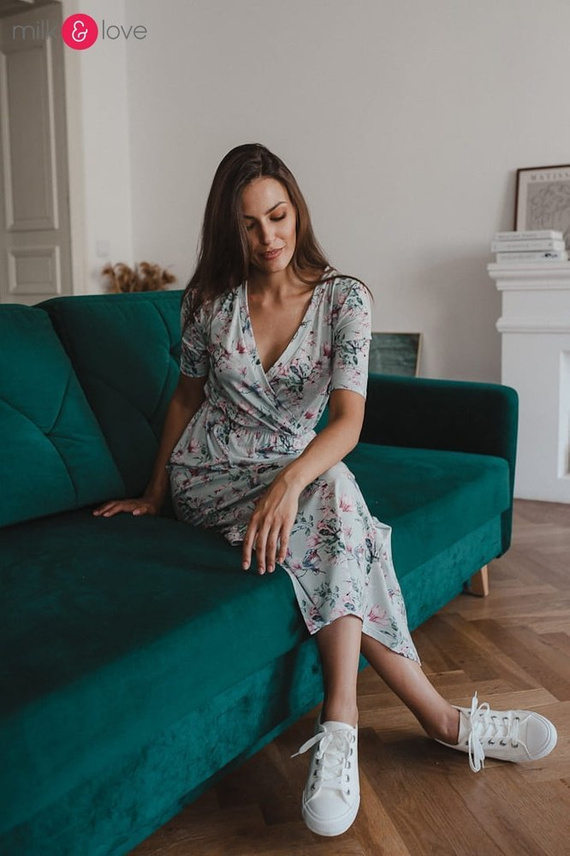 Sukienka ciążowa i do karmienia Two Ways LONG Milk&Love miętowa w magnolie i ptaki