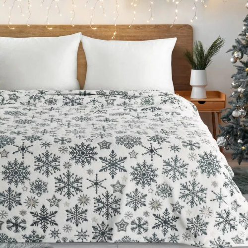 Eurofirany Vánoční deka bílá tmavě modrá sněhové vločky - měkký přehoz z mikrovlákna, 240 g/m²