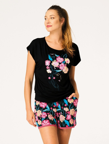 Dámské pyžamo Key LNS 560 černé – bambus, krátké, krajka