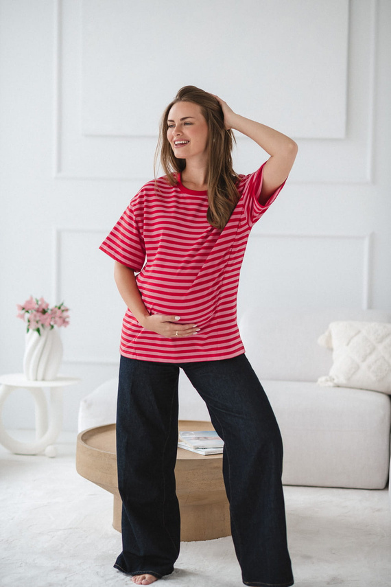 Mamahood Těhotenské a kojící tričko Milk&Love červeno-růžové pruhy - pohodlné a stylové