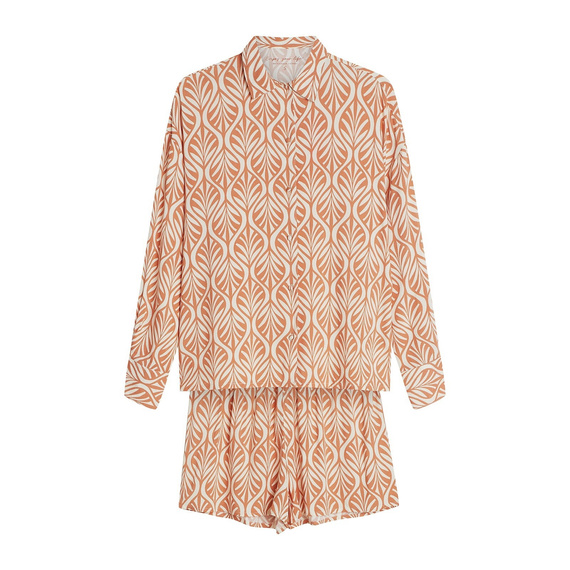 Dámské pyžamo Henderson 43664 Denise peach- Viskóza, dlouhý rukáv, límec, krátké šortky