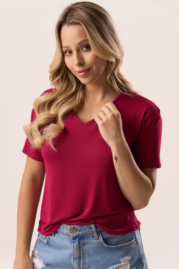 Halenka Serina Babell vínová - viskóza, krátký rukáv, výstřih do V | stylová a pohodlná
