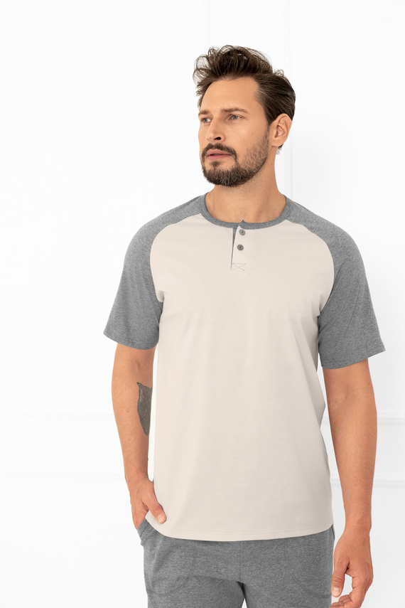 Alexander Italian Fashion pánské pyžamo béžové - bavlna, polokošile a kalhoty