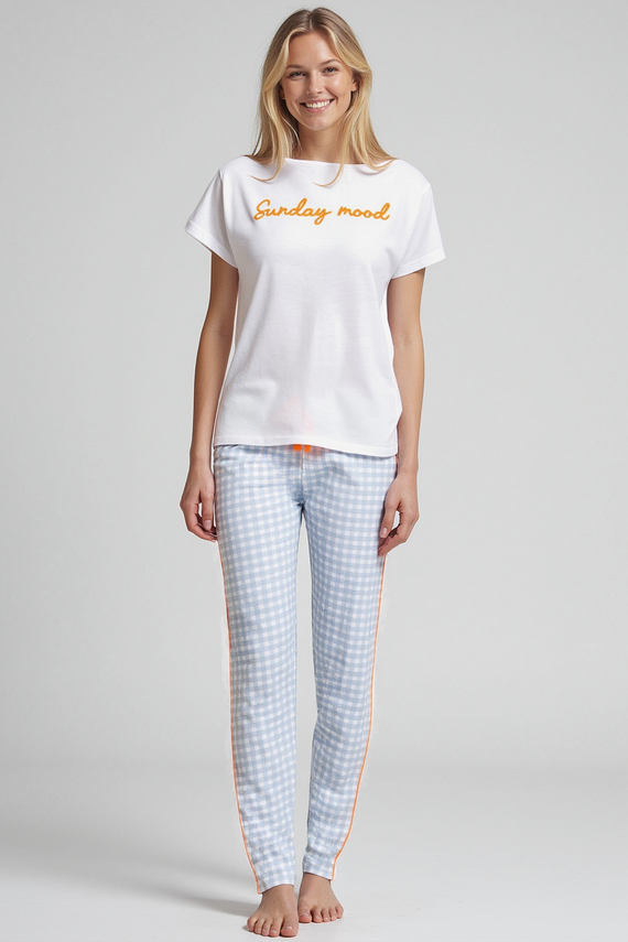 Dana Dámské pyžamo Sorbetto blue - 100% bavlna, krátký rukáv, kostkované kalhoty, komplet