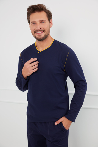 Ludwik Pánské pyžamo s dlouhým rukávem, dlouhé kalhoty Italian Fashion - tmavě modrá