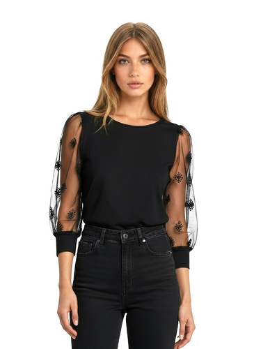 Elegantní dámská halenka Teria 3/4 Eldar černá- viskóza, buffové rukávy, tylová výšivka, kulatý výstřih, pásek