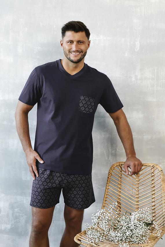 Diaz Pánské pyžamo s krátkým rukávem, šortky Italian Fashion - námořnická modř/potisk