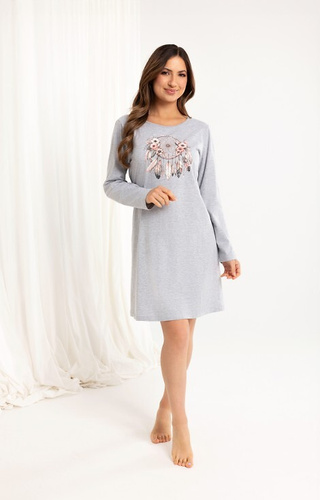 162 Bavlněná noční košile Regina šedá - dlouhý rukáv, potisk, pod kolena